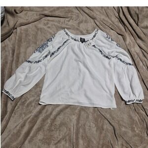 Bobeau Womens Embroidered Peasant Blouse White Navy Blue Floral Long Sleeve  L